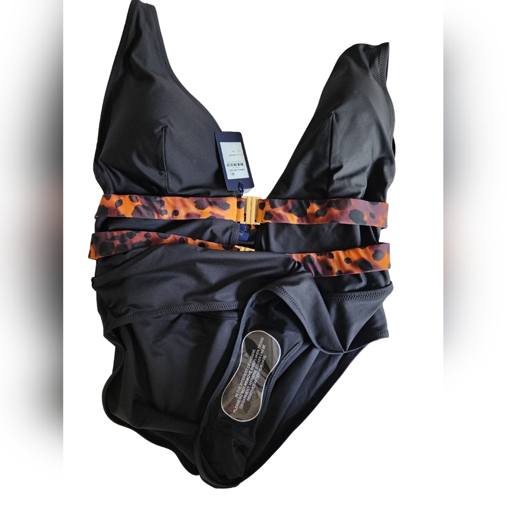 NWT Fox & Royal "Vibeka" 1-Piece Swimsuit - Black Leopard & Gold Accents Side: M - Picture 4 of 7